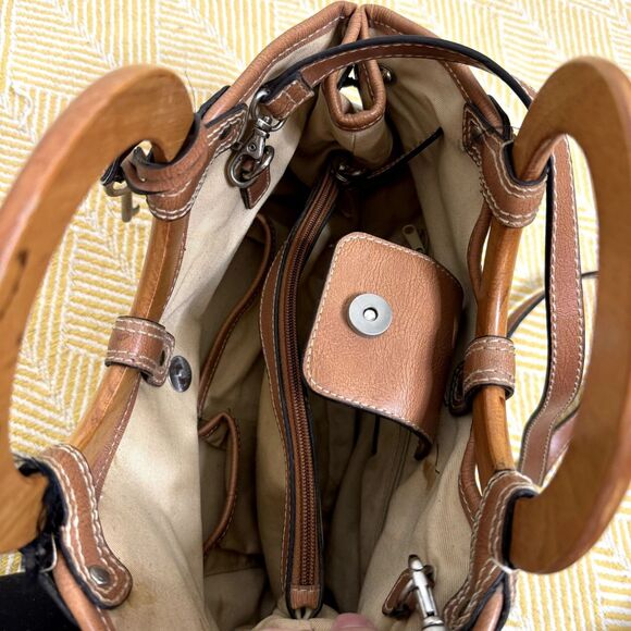 Fossil Canvas Leather Wood Satchel Purse Bag Double Handle Stripe bv - Picture 9 of 11